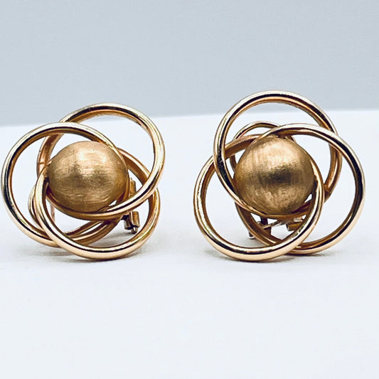 Authentic 10K Solid Gold Earrings Omega Back Clasp Interlocking Circles Brushed Ball Bead 1