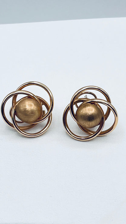 Authentic 10K Solid Gold Earrings Omega Back Clasp Interlocking Circles Brushed Ball Bead 4