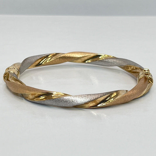 14K Authentic Solid Gold Tri Colors Twisted Hollow Hinged Cuff Bangle Bracelet - Luxury Bling Jewelry