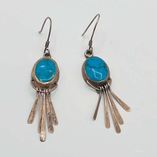 Vintage Southwestern Navajo 925 Sterling Silver Dangle Earrings Cabochon Turquoise Stone 1