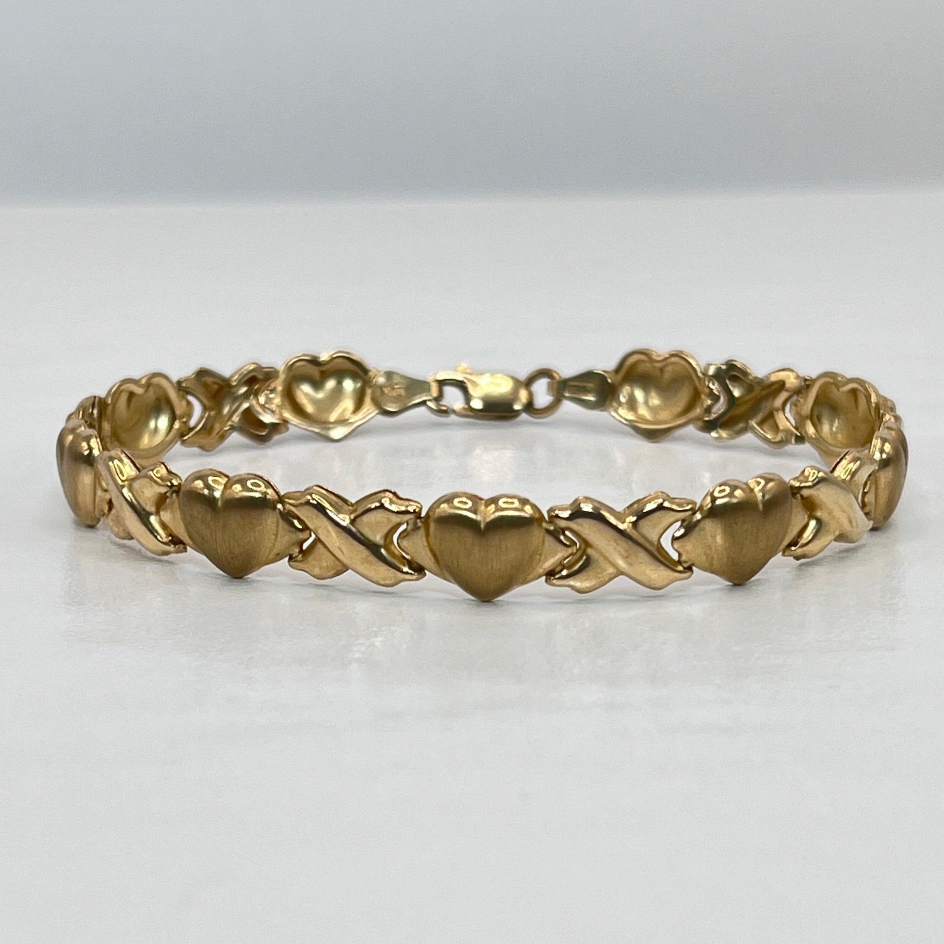 10K Authentic Solid Yellow Gold Hearts Linked XOXO Style Tennis Bracelet - Luxury Bling Jewelry