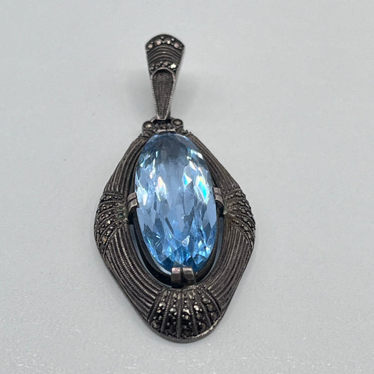 Vintage TF Taxco Mexico 925 Sterling Silver Blue Topaz Stone Marcasite Pendant RARE 1