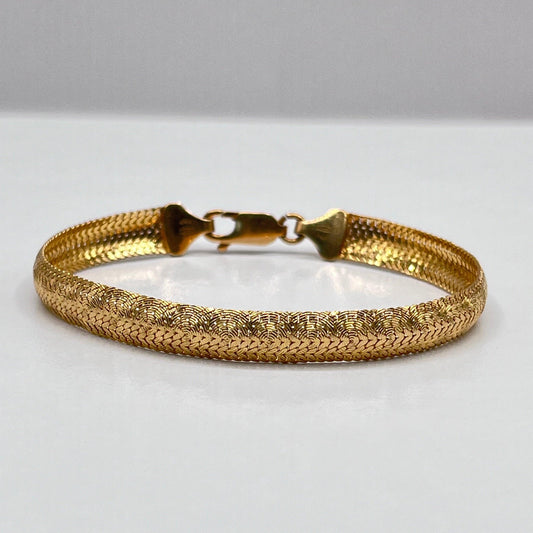 14K Solid Yellow Gold Textured Mesh Snake Woven Unique Vintage Chain Bracelet - Luxury Bling Jewelry