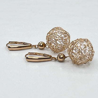 14K Solid Yellow Gold Dangle Sphere Yarn Ball Earrings Leverback Clasp Eternagold Turkey 1