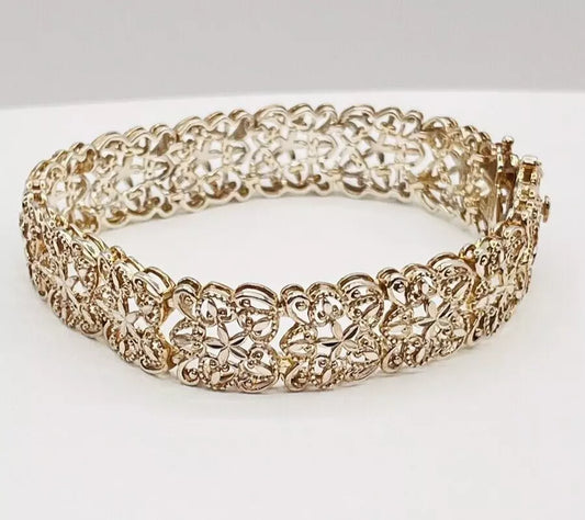 Sterling Silver 925 Wide Linked Filigree Bars Bracelet Open Work Light Gold Tone